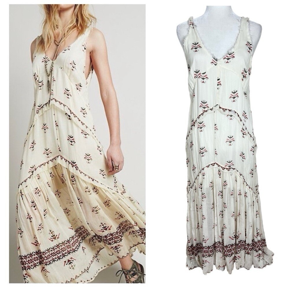 Free People FP‎ One Maxi Dress Womens XS Ivory Floral Gauze Tiered Boho V-Neck